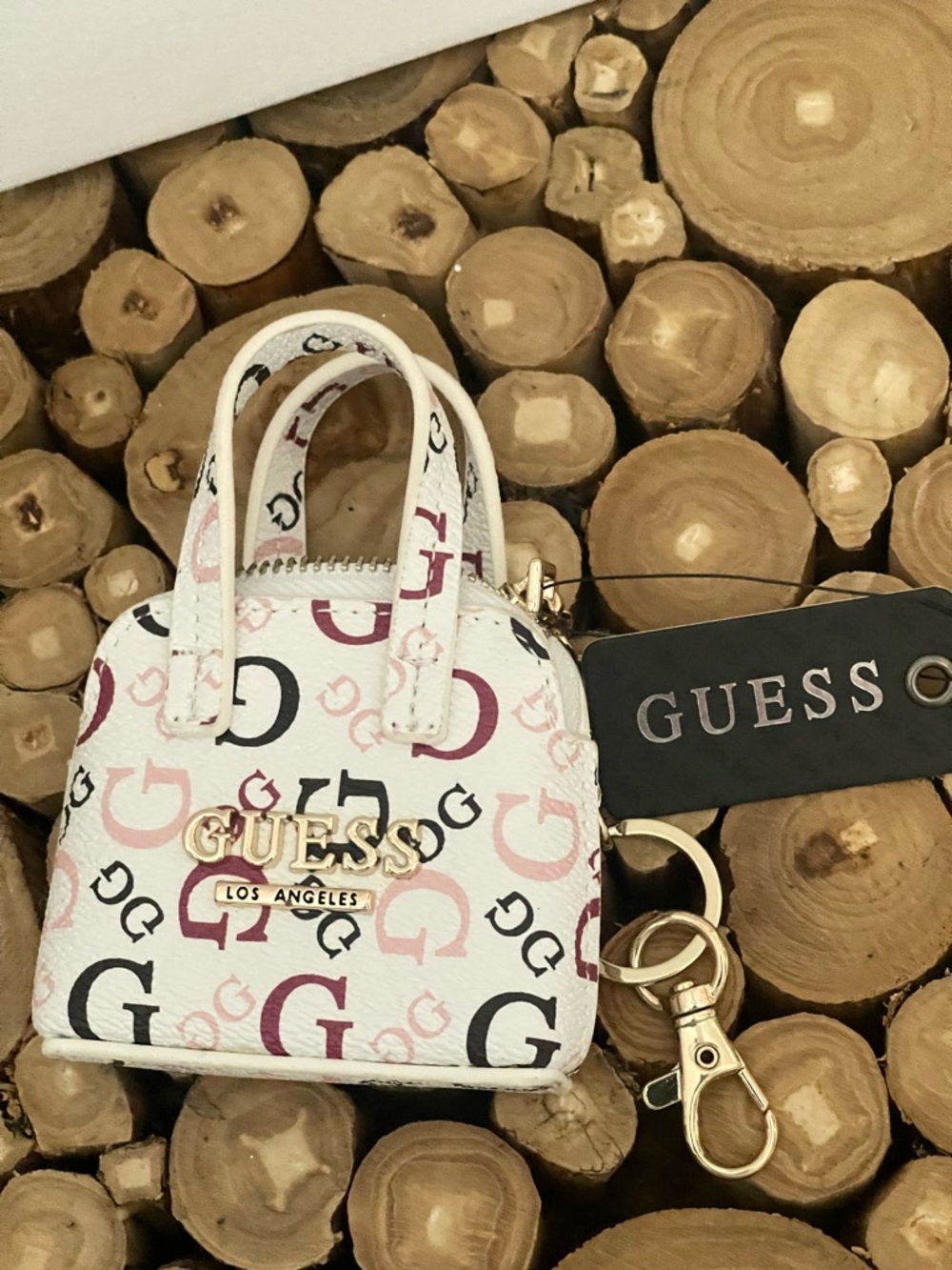 GUESS White Mini Logo Satchel Keychain with Pink & Black Accents